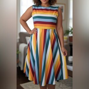 BRIGHT & BEAUTIFUL Retro Rainbow Striped Fit & Flare Dress - Size XL